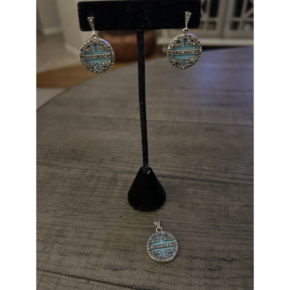 Sterling Silver, Turquoise & Marcasite, Deco Overlay Pendant & Matching Earrings